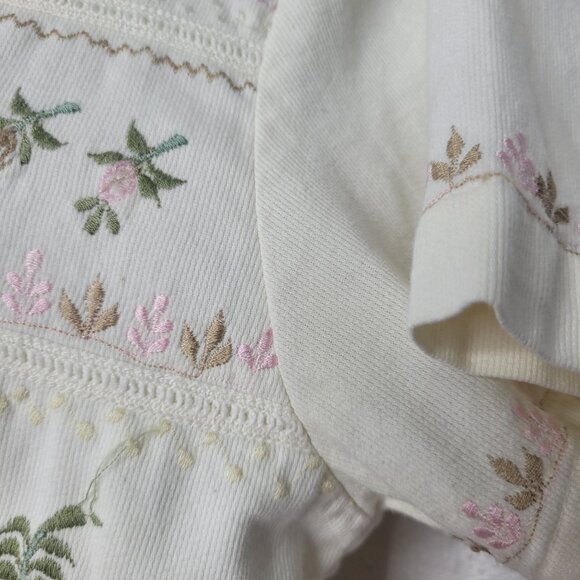 Vintage 80s cream grandmacore pastel embroidery button front tie back top medium - Picture 7 of 7